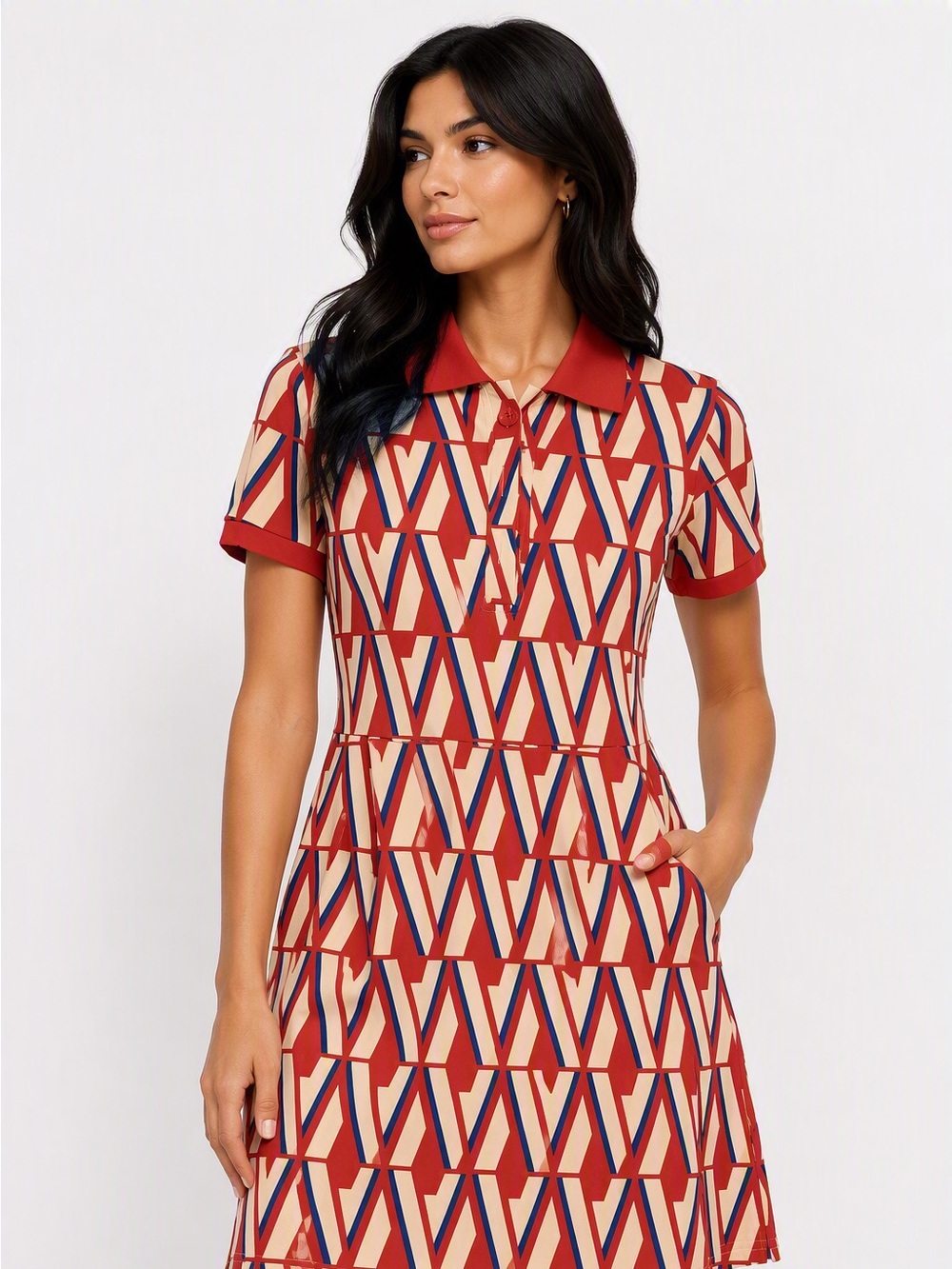 SHEIN Red Geometric Polo A-Line Dress with Cream and Navy Trim